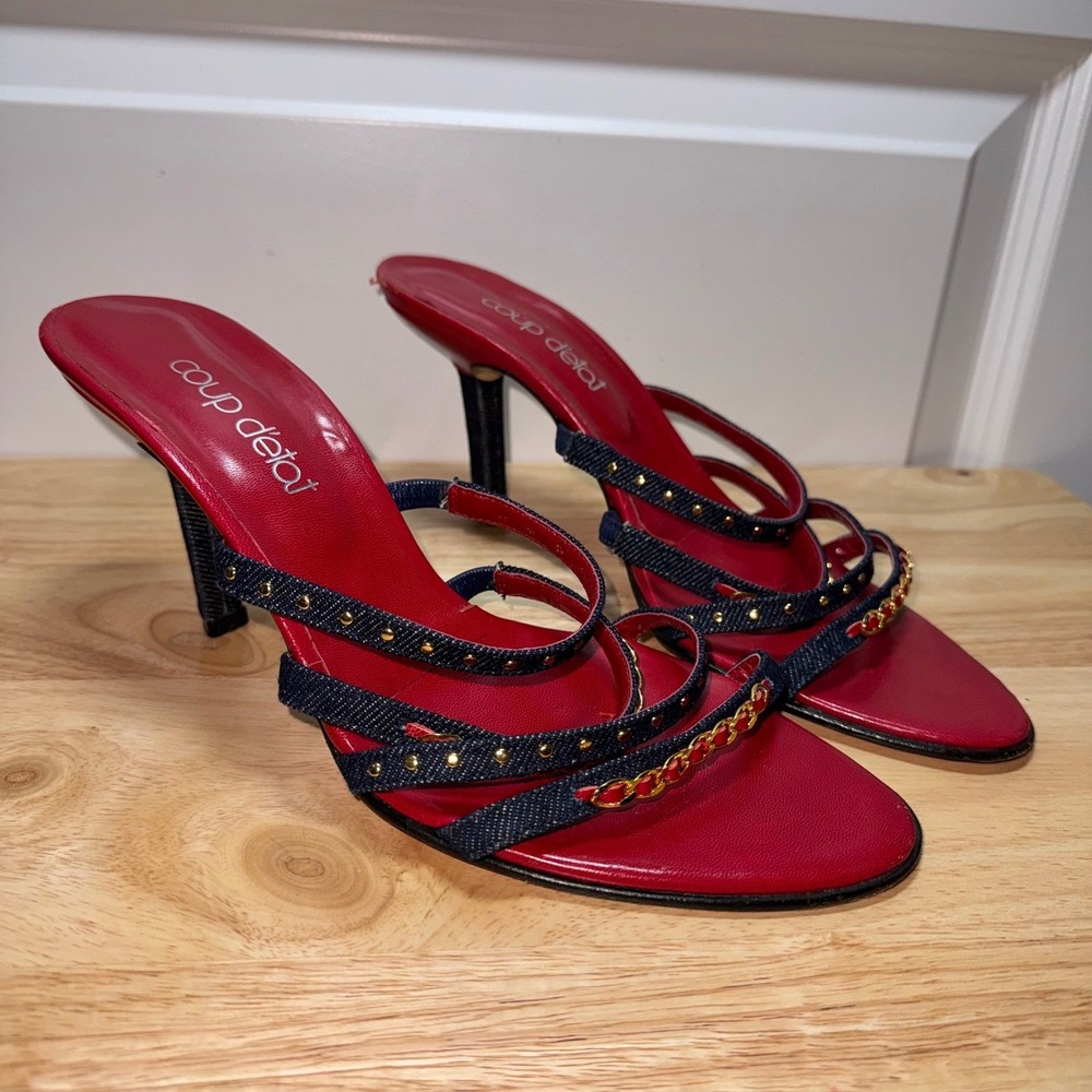 Y2K Red Leather Denim Strappy Studded Chain Mules Heels Made in Spain 10 B
